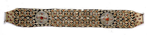 Belt, Silver; fire-gilded and chased, with applied decoration, cabochon and table-cut carnelians, and synthetic resin stones; mounted on leather